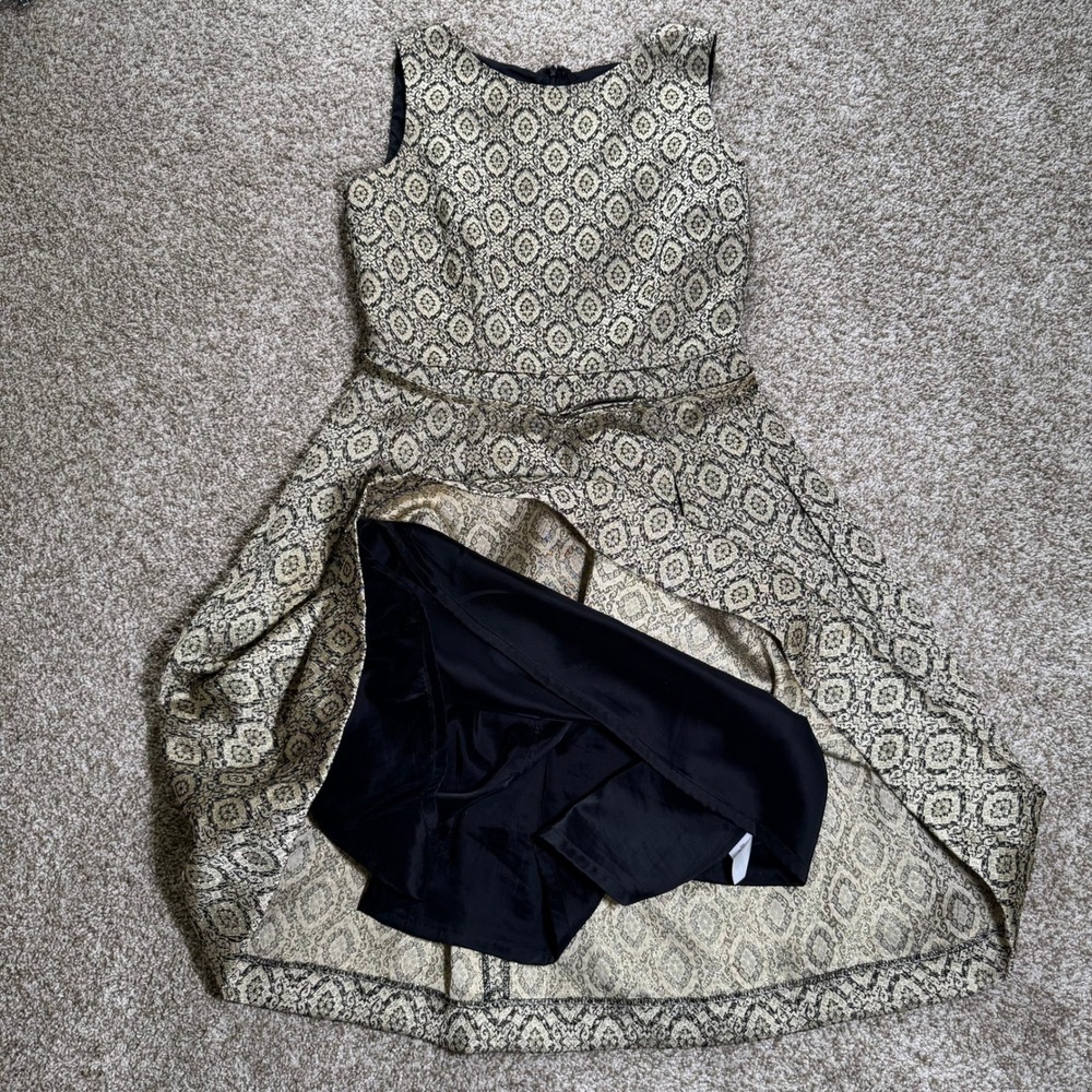 Talbots Womens Size 2 Gold‎ Black Jacquard Fit Flare Dress Rhinestone Belt - Picture 11 of 16